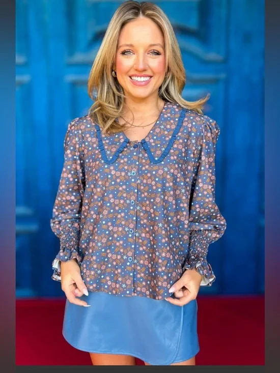 SSYS Gemma Peter Pan
Collared Long Sleeve Blue Floral Top NWOT Medium - Picture 2 of 9